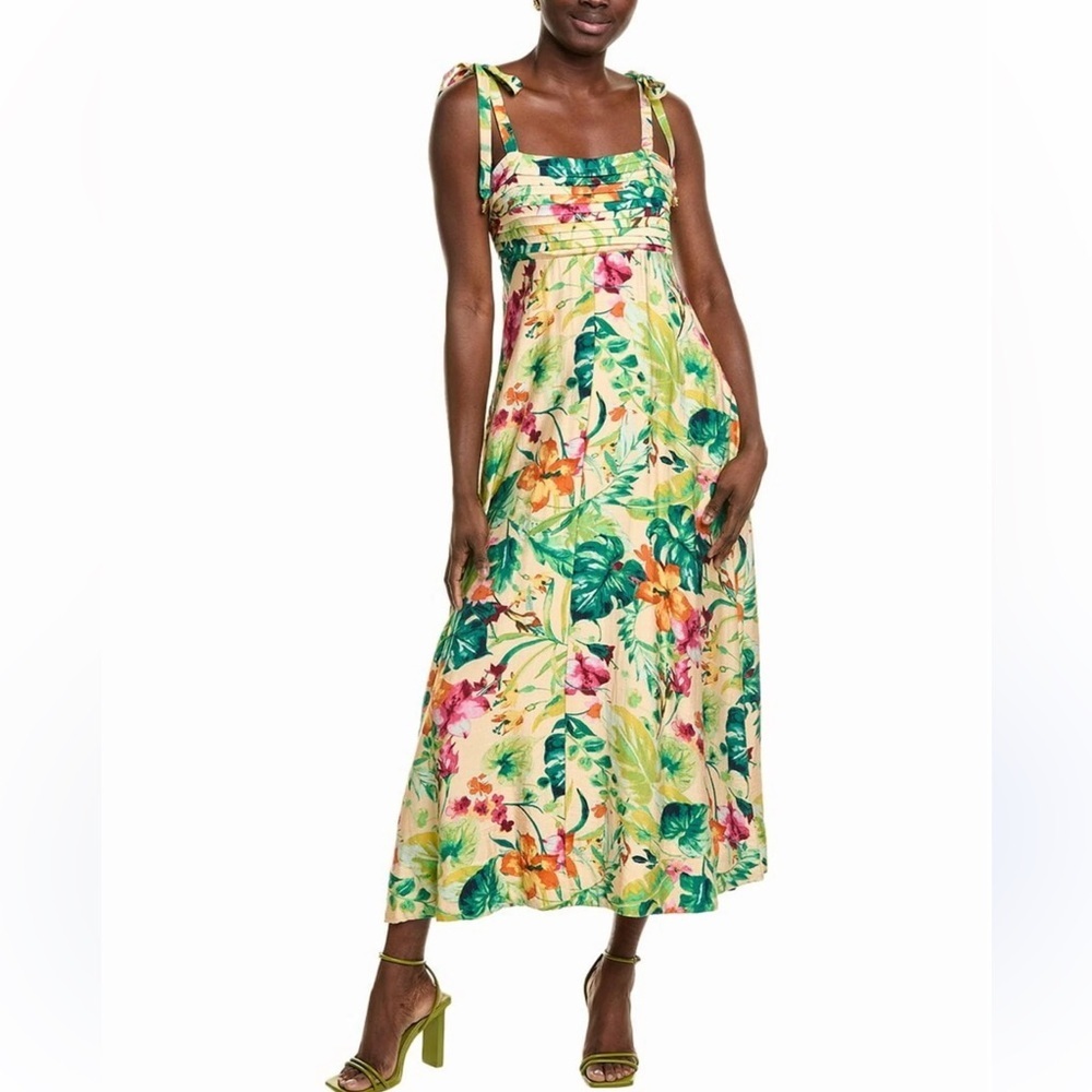 Taylor Pleated Bodice Linen-Blend Midi Dress in Oat Garden Size Small